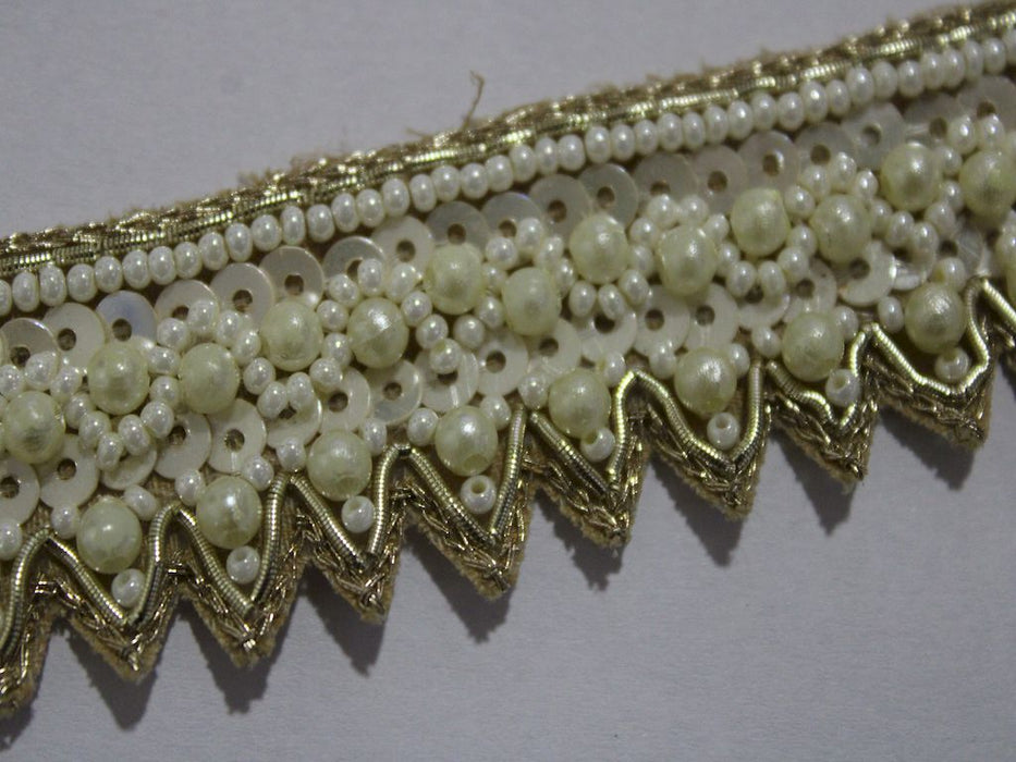 Pearl Elegance: White Pearl with Ivory Sequin Handwork Trim