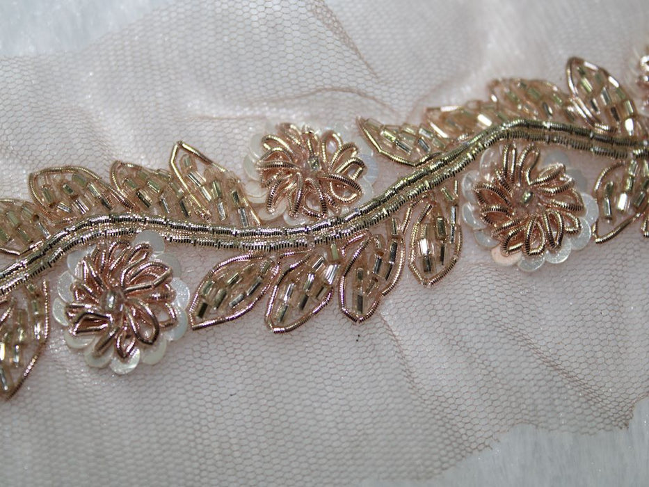 Ivory Bloom: Sequin with Floral Rose Gold Zari Handwork Trim