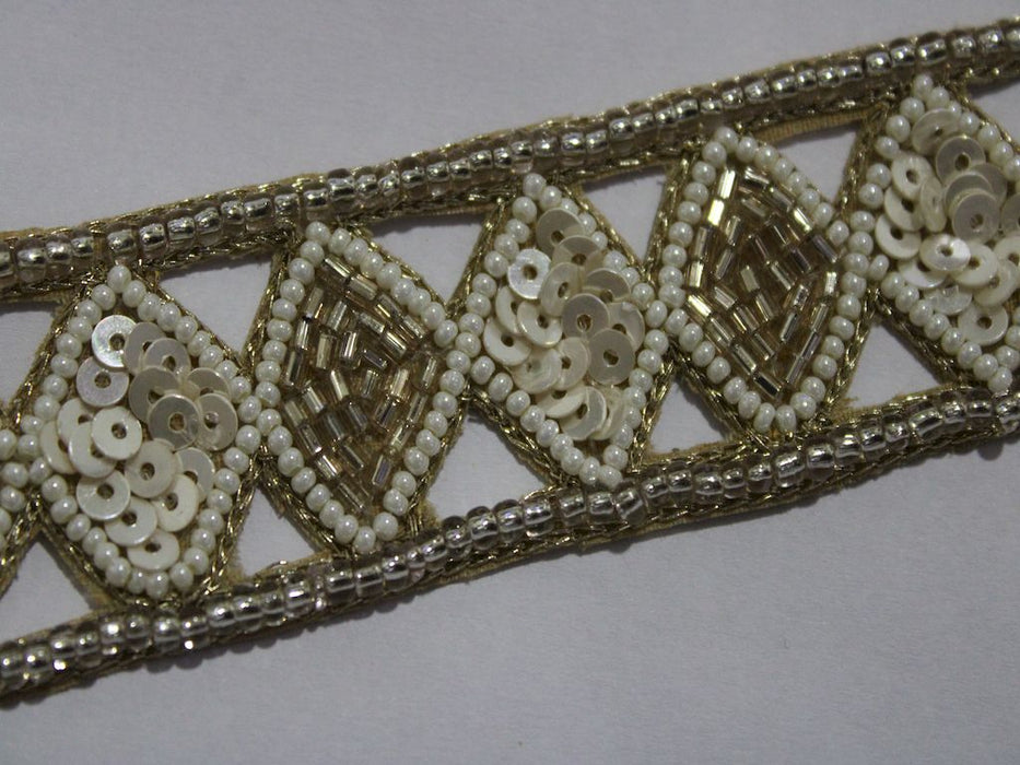 White Sands: Sequin with White Beads and Golden Cutdana Trim