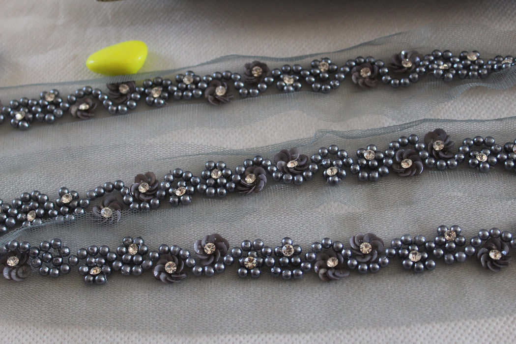 Silvery Petals: Floral Pearl Handwork Trim in Pencil Grey