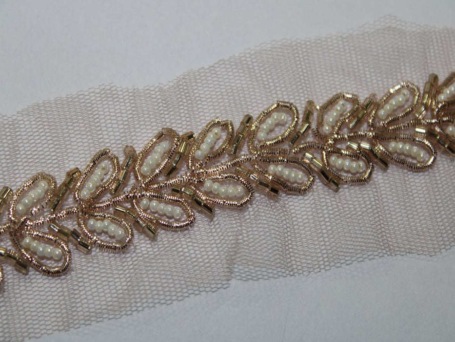 Rose Gold Elegance: Zari with White Pearl Handwork Trim