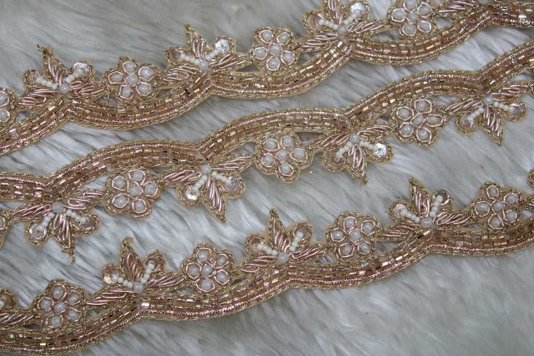 Rose Gold Blooms: White Pearl Floral Handwork Trim