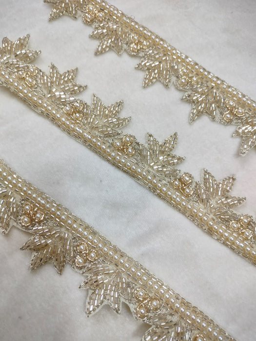 Golden Harvest: Leaf-Shaped Cutdana and Off-White Pearl Trim