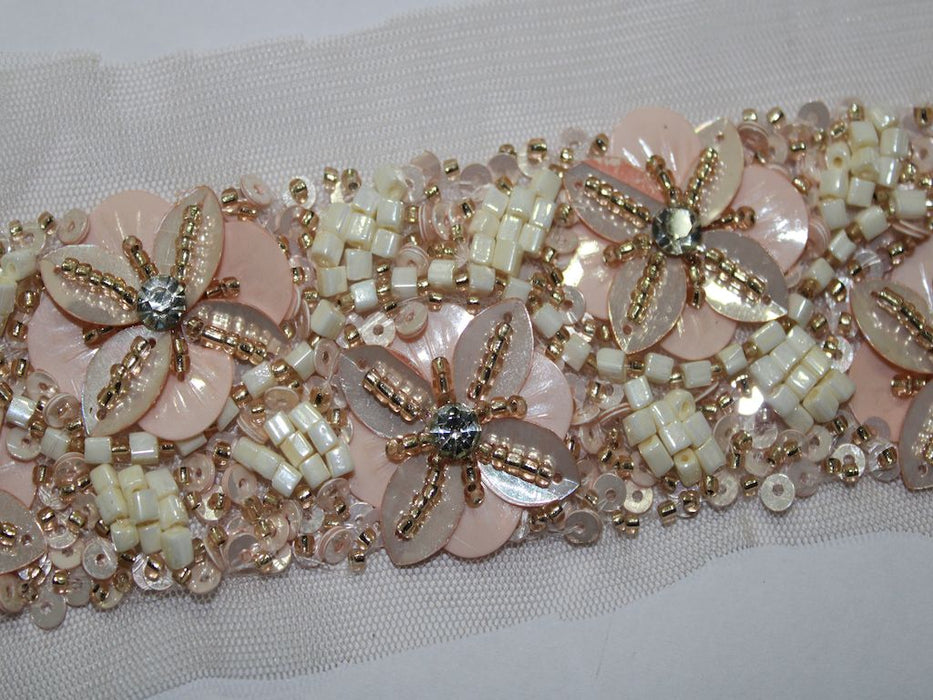 Peachy Blush: Sequin with White Beads and Blush Pink Handwork Trim