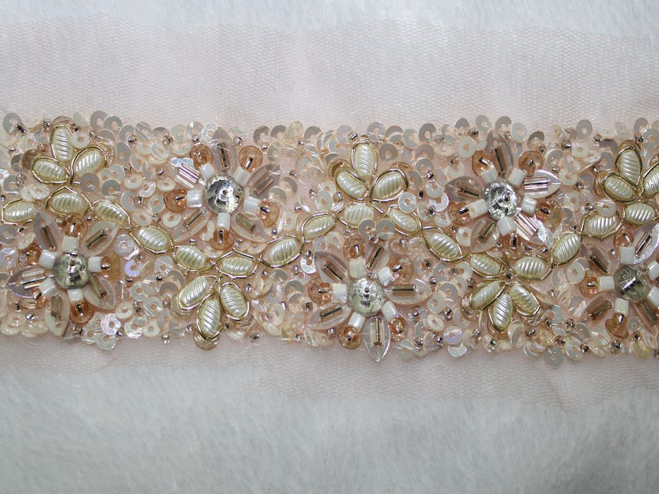 Soft Peach Radiance: Sequin with White Beads Handwork Trim