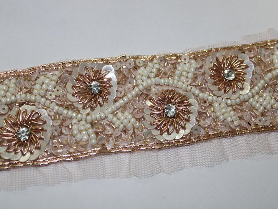 Rose Gold Elegance: Blush Pink, Ivory Sequin, and White Pearl Handwork Trim