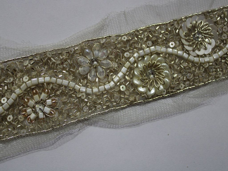 Silver Sparkle: Sequin and White Beads Handwork Trim