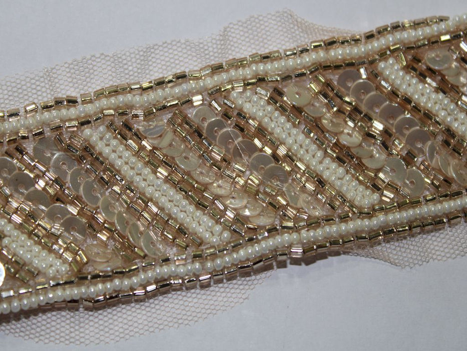 Golden Elegance: Cutdana with Ivory Sequin and White Pearl Handwork Trim