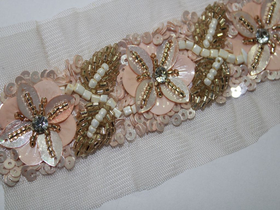 Peach Petals: Blush Pink Sequin and Pearl with Leaf Beads Handwork Trim