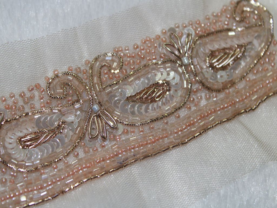 Keri Elegance: Ivory Sequin with Peach Beads Handwork Trim