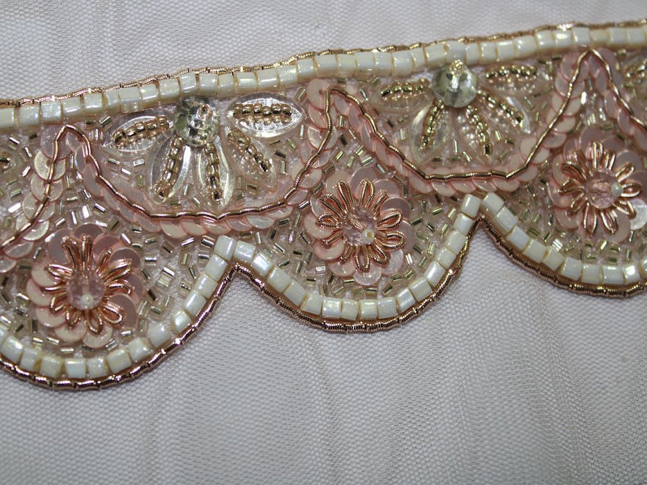 Blush Petals: Scalloped Pink Sequin with Golden Cutdana and White Beads Handwork Trim