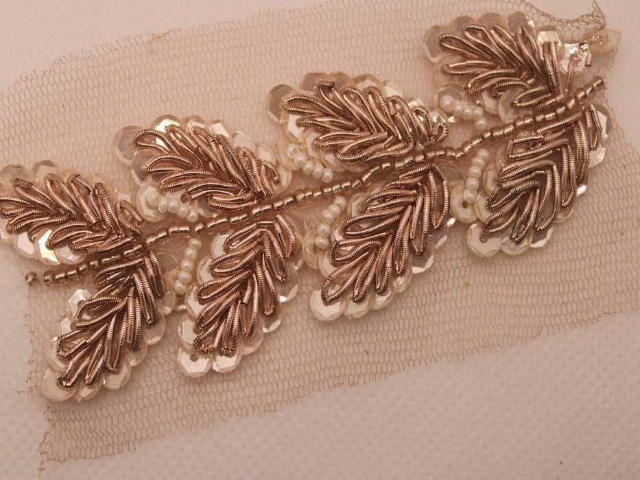 Rose Gold Opulence: Ivory Sequin and White Pearl Handwork Trim