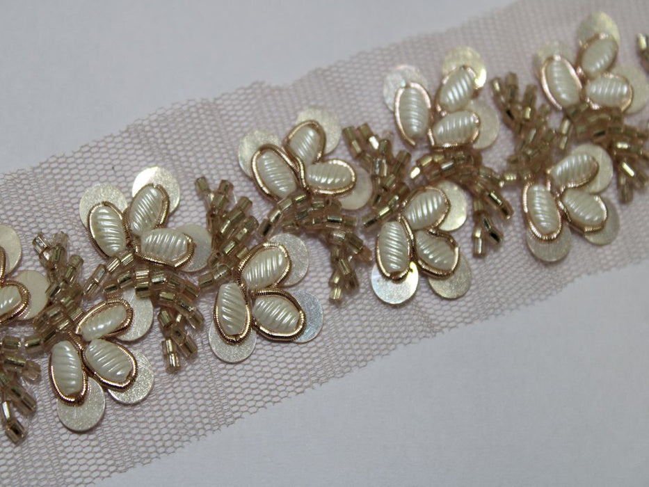 Ivory Elegance: Sequin with White Pearl and Golden Cutdana Handwork Trim