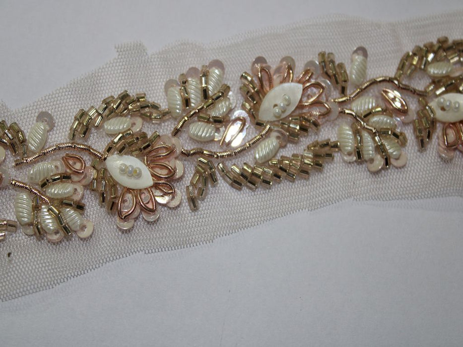 Blush Petals: Pink Sequin with White Beads Handwork Trim