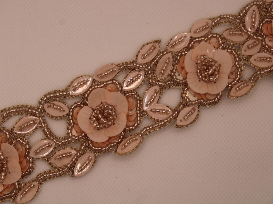 Peach Blossom Brilliance: Golden Beads Floral Handwork Trim