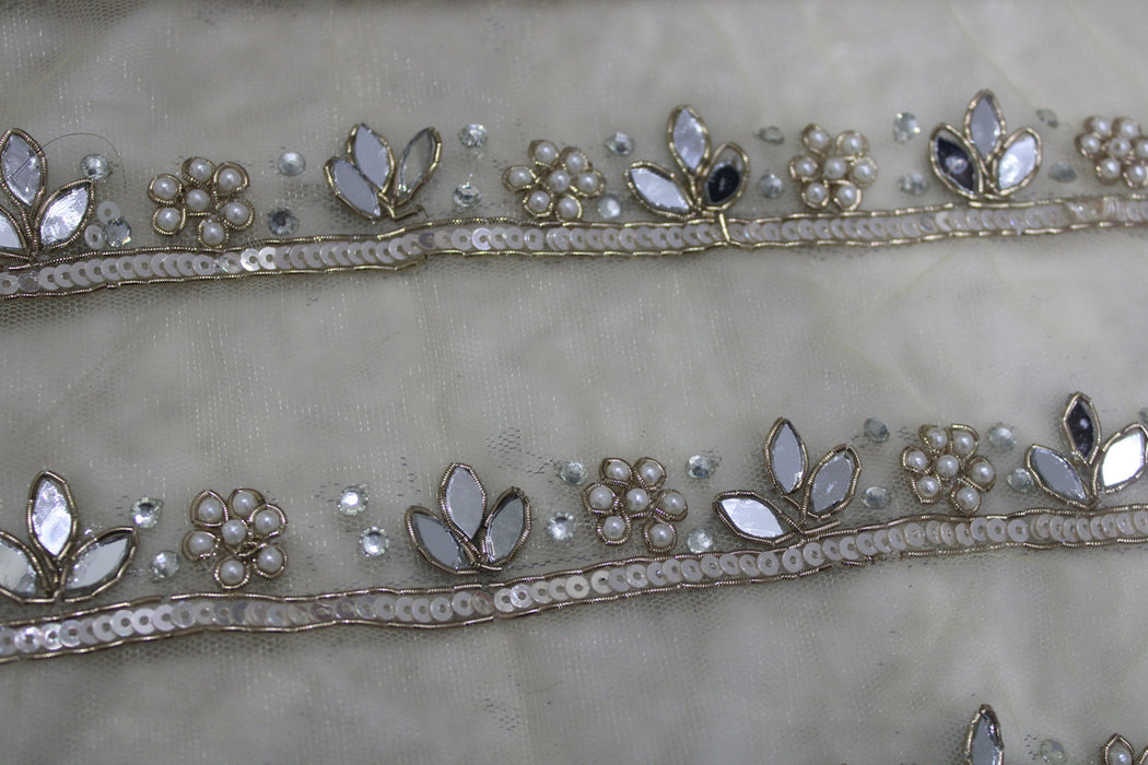 Golden Petals: Light Gold Zari with Floral White Pearl Handwork Trim