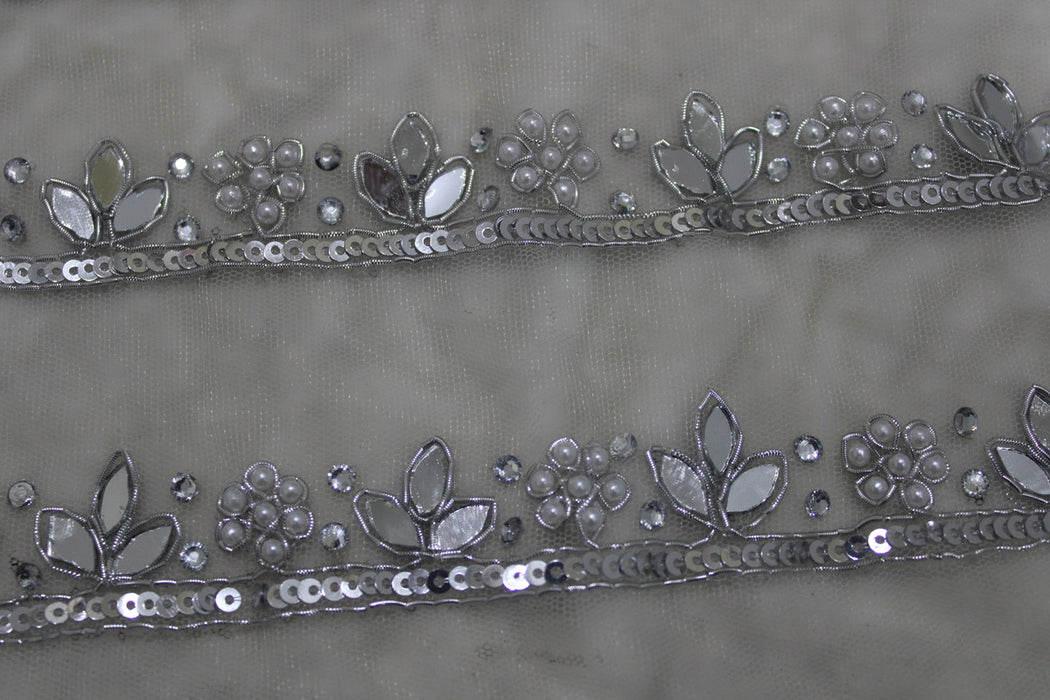 Silver Blossoms: Silver Zari with Floral White Pearl Handwork Trim