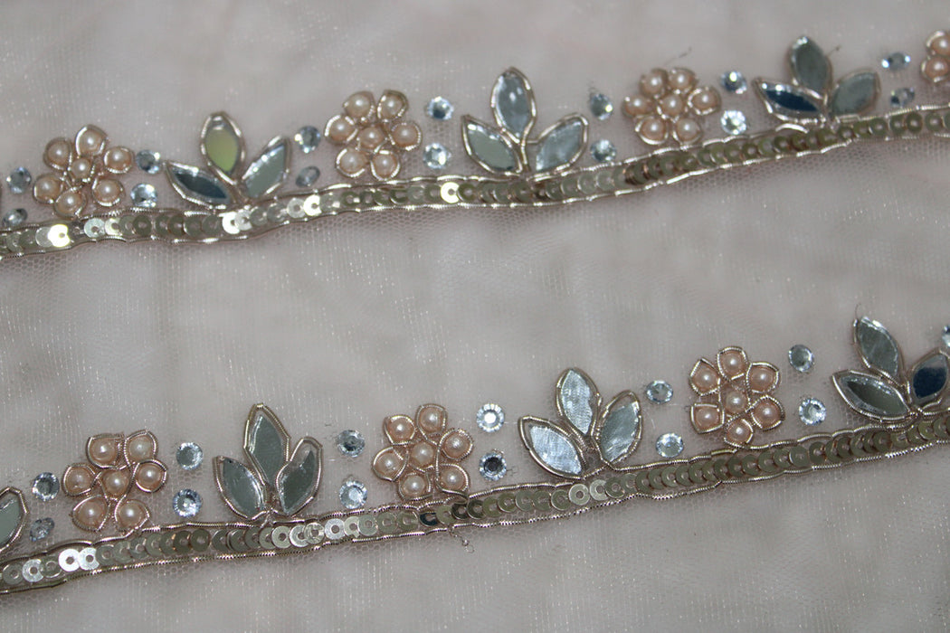 Rose Gold Blooms: Floral White Pearl Handwork Trim with Rose Gold Zari