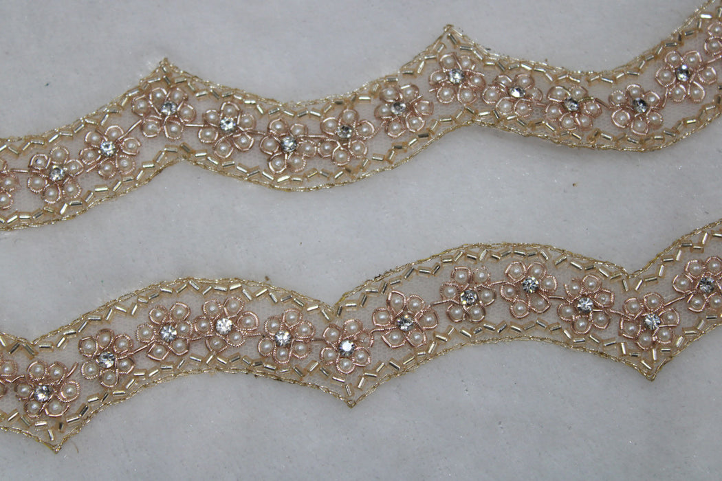 Rose Gold Petals: Scalloped Zari and Golden Cutdana Handwork Trim with Floral White Pearl