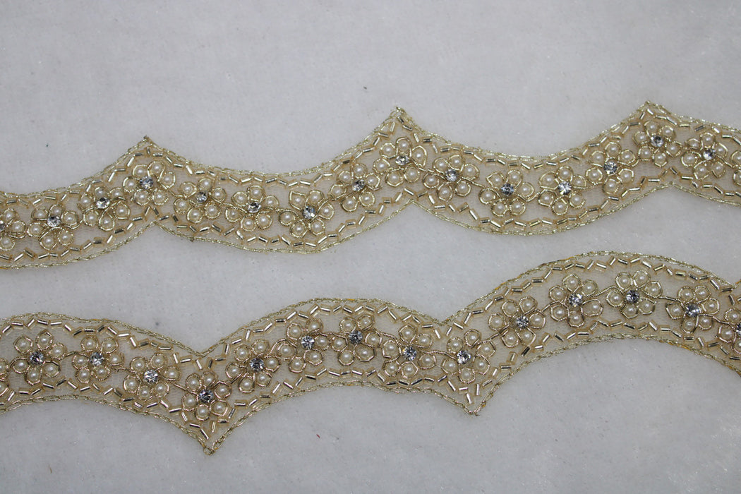 Golden Petal Swirl: Scalloped Gold Zari and Golden Cutdana Trim with Floral White Pearl