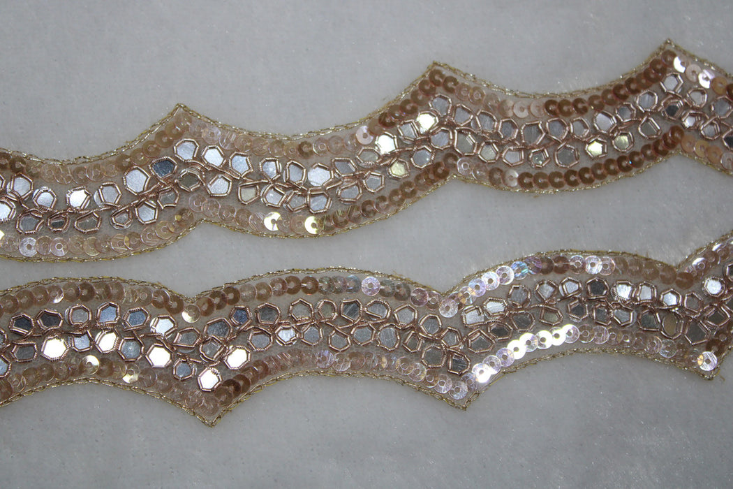 Rose Gold Radiance: Scalloped Zari with Sequin and Mirror Handwork Trim