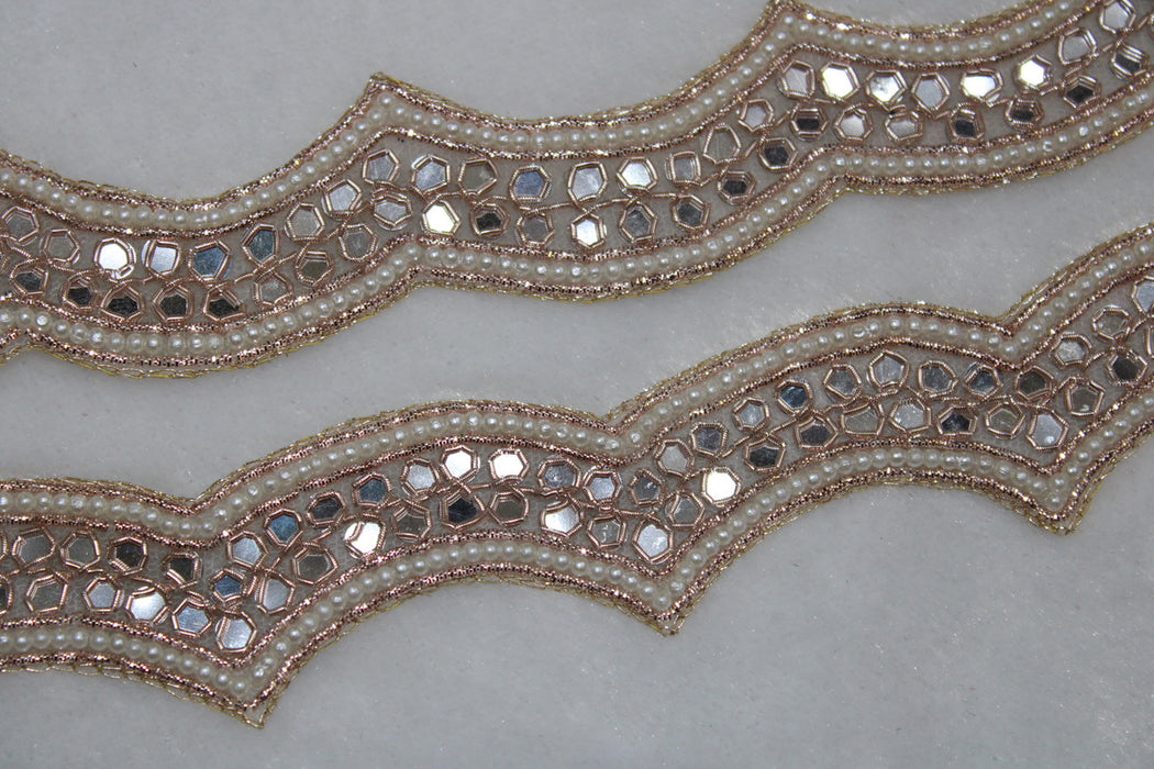 Rose Gold Elegance: Scalloped Zari and Golden Cutdana with White Pearl Handwork Trim