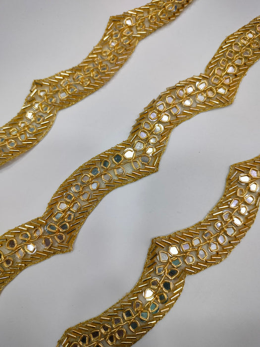 Golden Glamour: Scalloped Gold Zari with Golden Cutdana and Mirror Handwork Trim