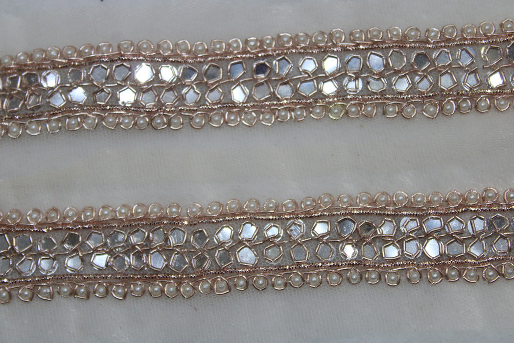 Rose Gold Radiance: Zari with Pearl and Mirror Handwork Trim