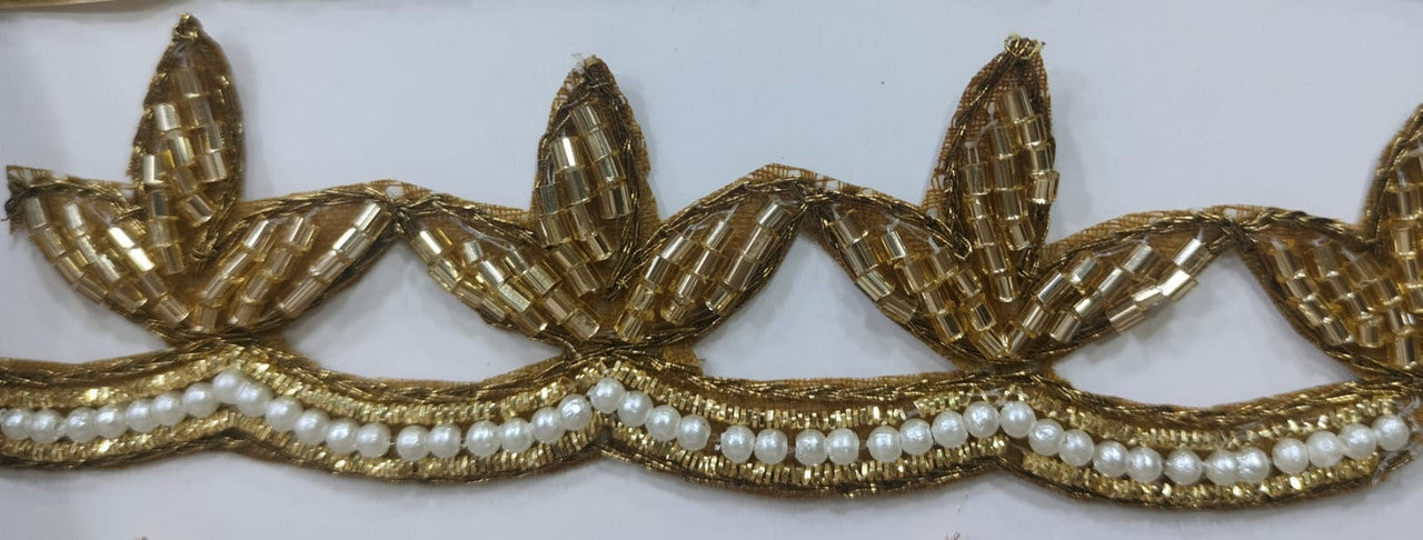 Antique Gold Splendor: Cutdana and Handwork Zardozi Trim with White Pearls