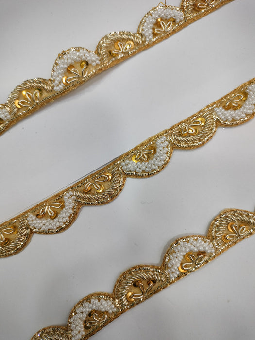 Golden Radiance: Scalloped Zardozi Trim with Pearl Accents