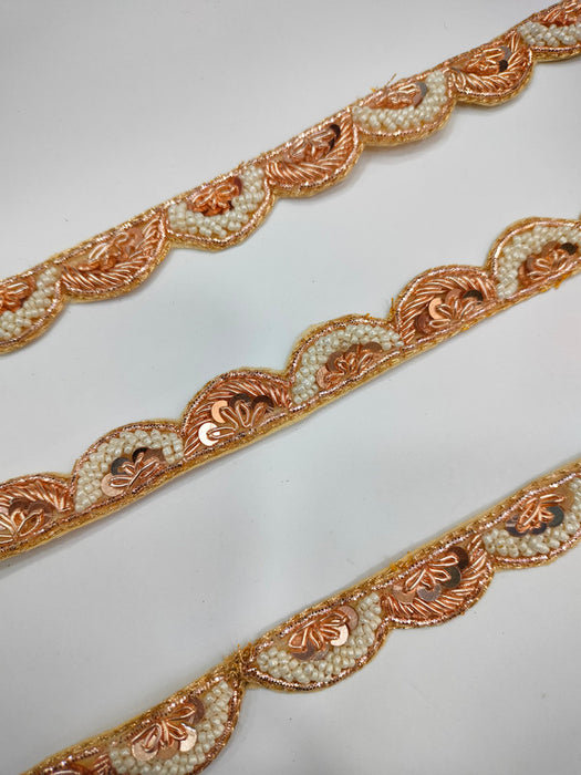 Rose Gold Elegance: Scalloped Zardozi Trim with Pearl Accents