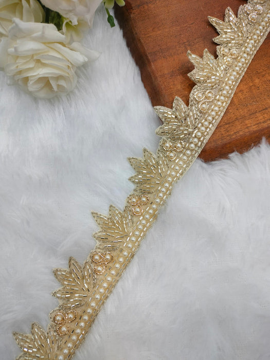 Golden Pearl Radiance: Light Gold Zardozi with Pearl Work Trim