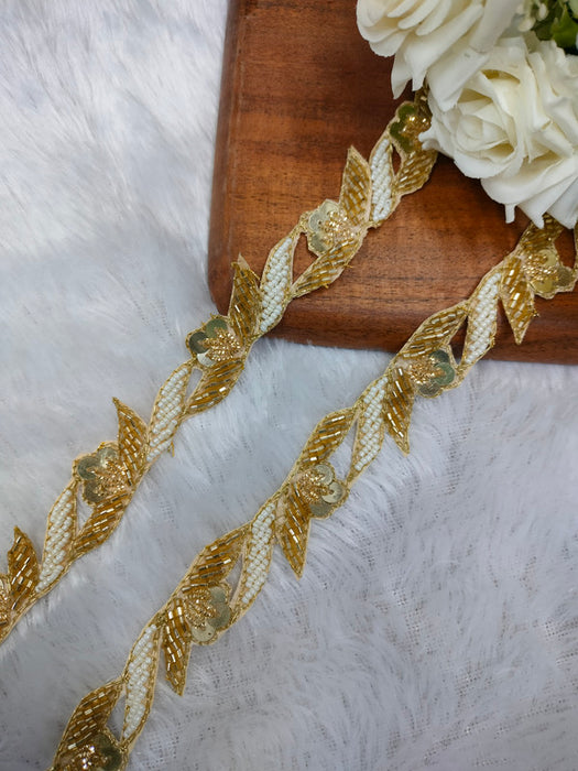 Golden Opulence: Zardozi with White Pearl Handwork Trim