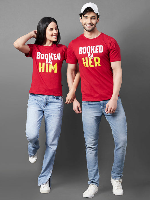 Maroon Typo Print Round Neck Half Sleeve Couple T-Shirt (Pack of 2)