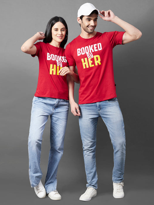 Maroon Typo Print Round Neck Half Sleeve Couple T-Shirt (Pack of 2)