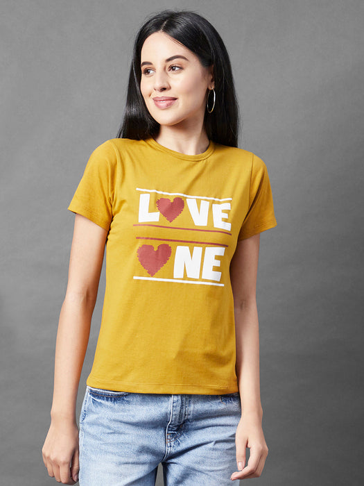 Mustard Typo Print Round Neck Half Sleeve Couple T-Shirt (Pack of 2)