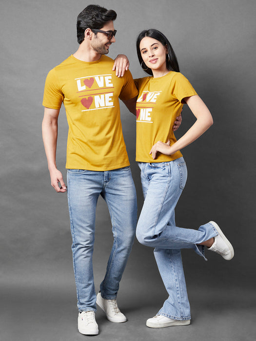 Mustard Typo Print Round Neck Half Sleeve Couple T-Shirt (Pack of 2)