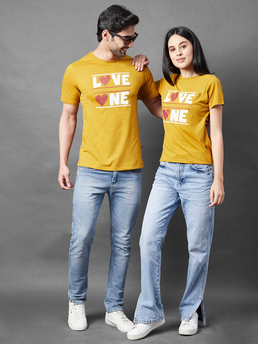 Mustard Typo Print Round Neck Half Sleeve Couple T-Shirt (Pack of 2)