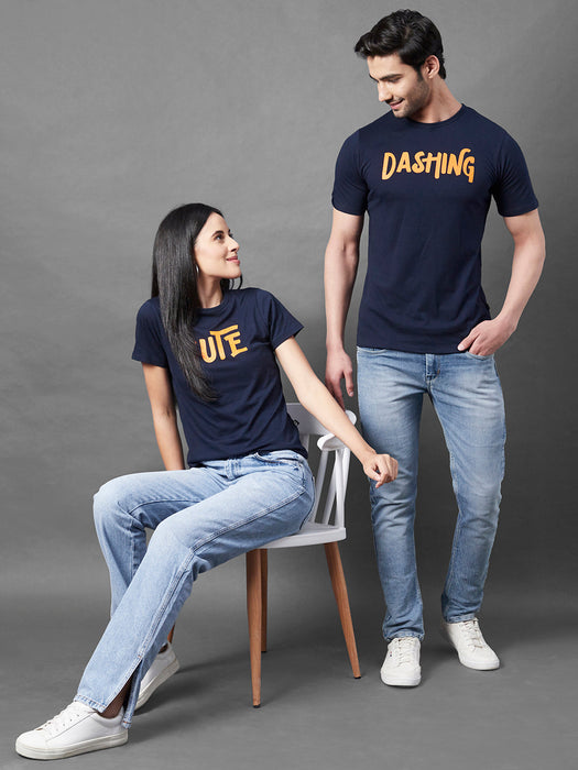 Navy Typo Print Round Neck Half Sleeve Couple T-Shirt (Pack of 2)