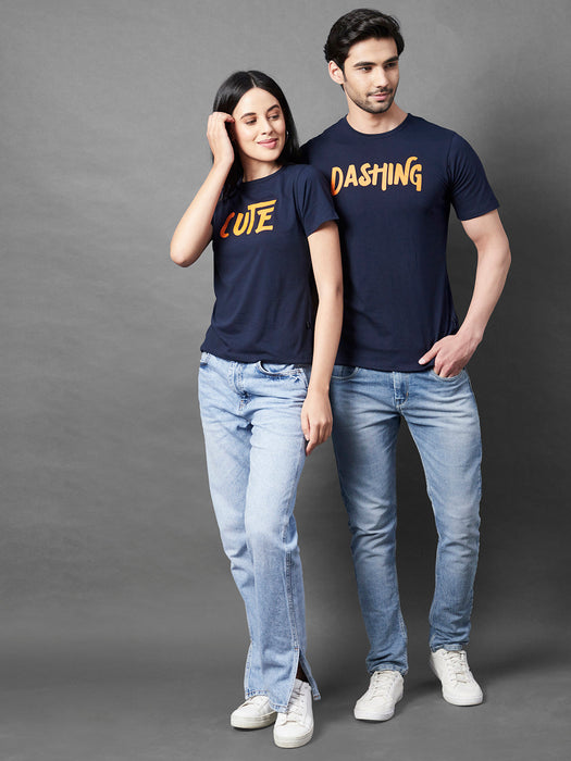 Navy Typo Print Round Neck Half Sleeve Couple T-Shirt (Pack of 2)