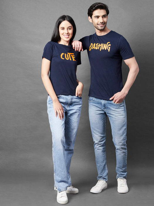 Navy Typo Print Round Neck Half Sleeve Couple T-Shirt (Pack of 2)