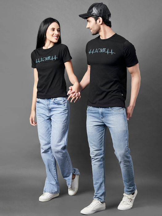 Black Typo Print Round Neck Half Sleeve Couple T-Shirt (Pack of 2)