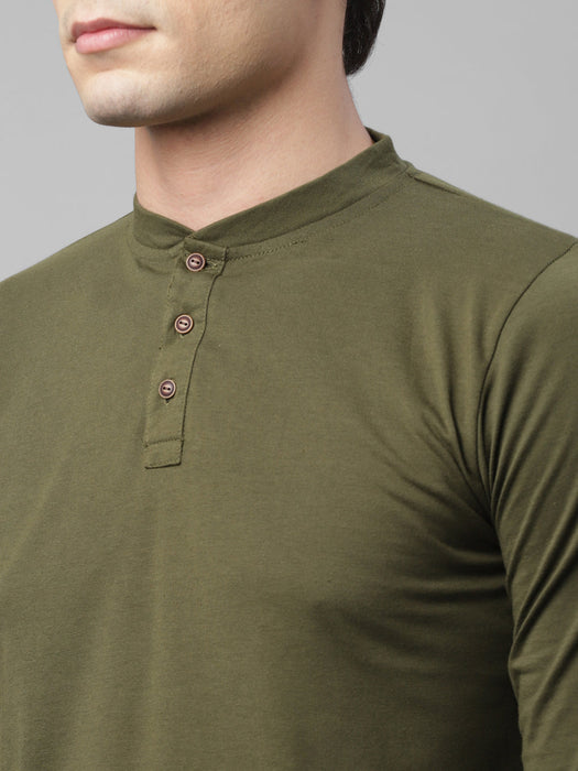 Black and Olive Green Henley Neck Cotton Full Sleeves Slim Fit T-Shirt - Pack of 2