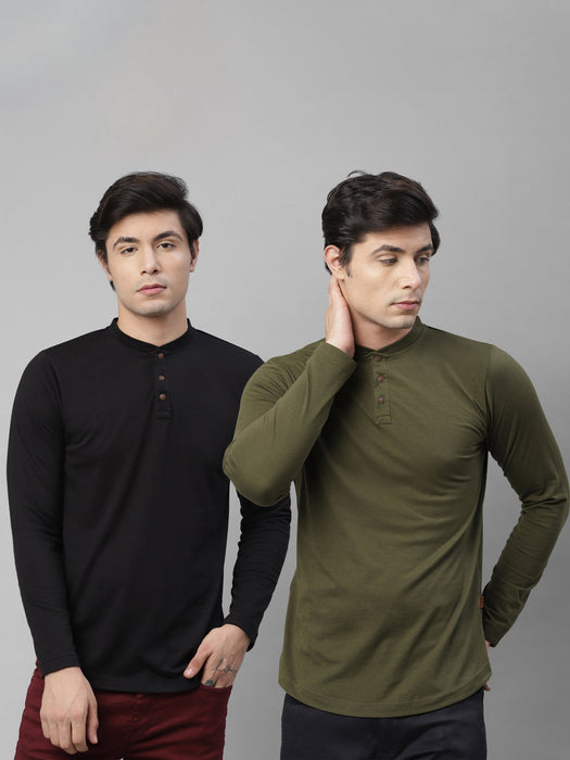 Black and Olive Green Henley Neck Cotton Full Sleeves Slim Fit T-Shirt - Pack of 2