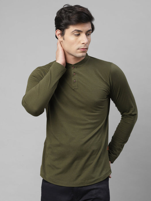 Black and Olive Green Henley Neck Cotton Full Sleeves Slim Fit T-Shirt - Pack of 2