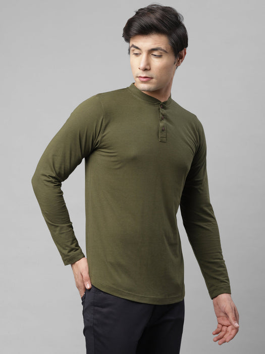 Black and Olive Green Henley Neck Cotton Full Sleeves Slim Fit T-Shirt - Pack of 2