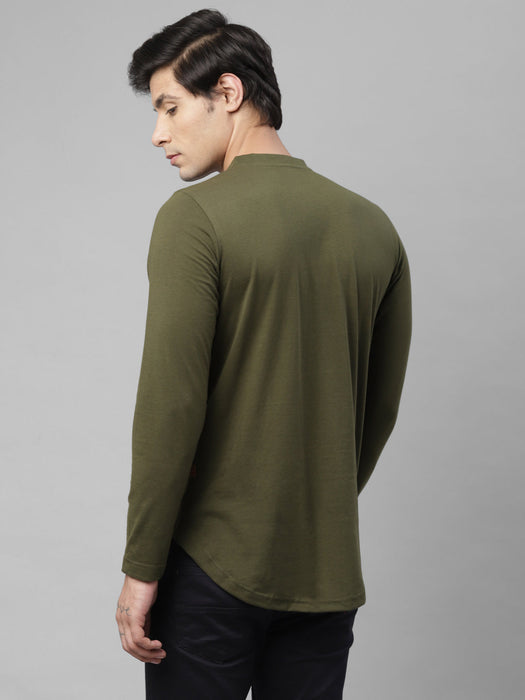 Black and Olive Green Henley Neck Cotton Full Sleeves Slim Fit T-Shirt - Pack of 2