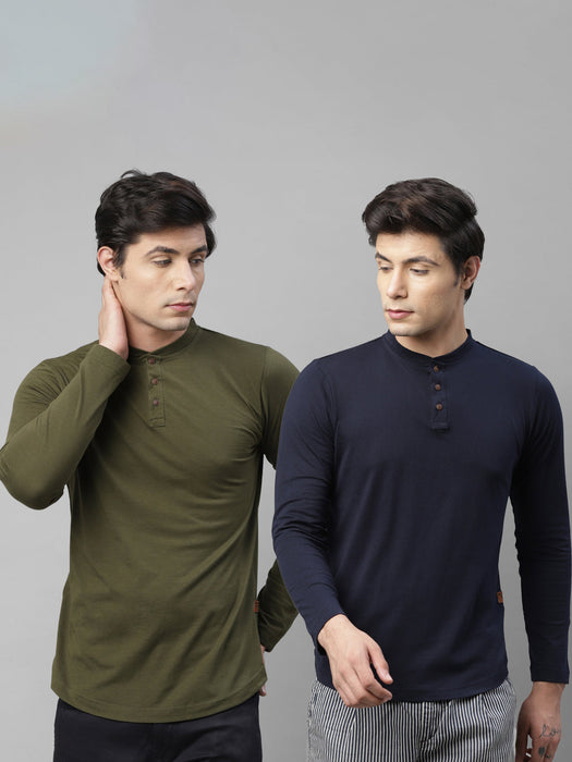 s Multi-Coloured Cotton Full Sleeves Slim Fit Solid Henley T-Shirt  - Pack of 2