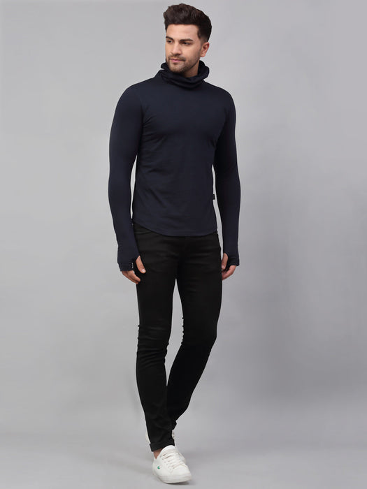 Black and Navy Blue Cotton Full Sleeves Solid Slim Fit High Neck T-Shirt  - Pack of 2