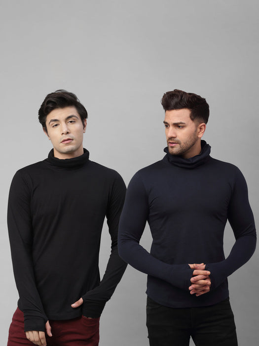 Black and Navy Blue Cotton Full Sleeves Solid Slim Fit High Neck T-Shirt  - Pack of 2